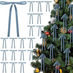 24 Pcs Velvet Bows Christmas Tree Ornaments Vintage Double Faced Velvet Ribbon Bows for Tree Garland Wreath Indoor Outdoor Xmas(5 x 7 Inch,Width of 3/8",Dusty Blue)