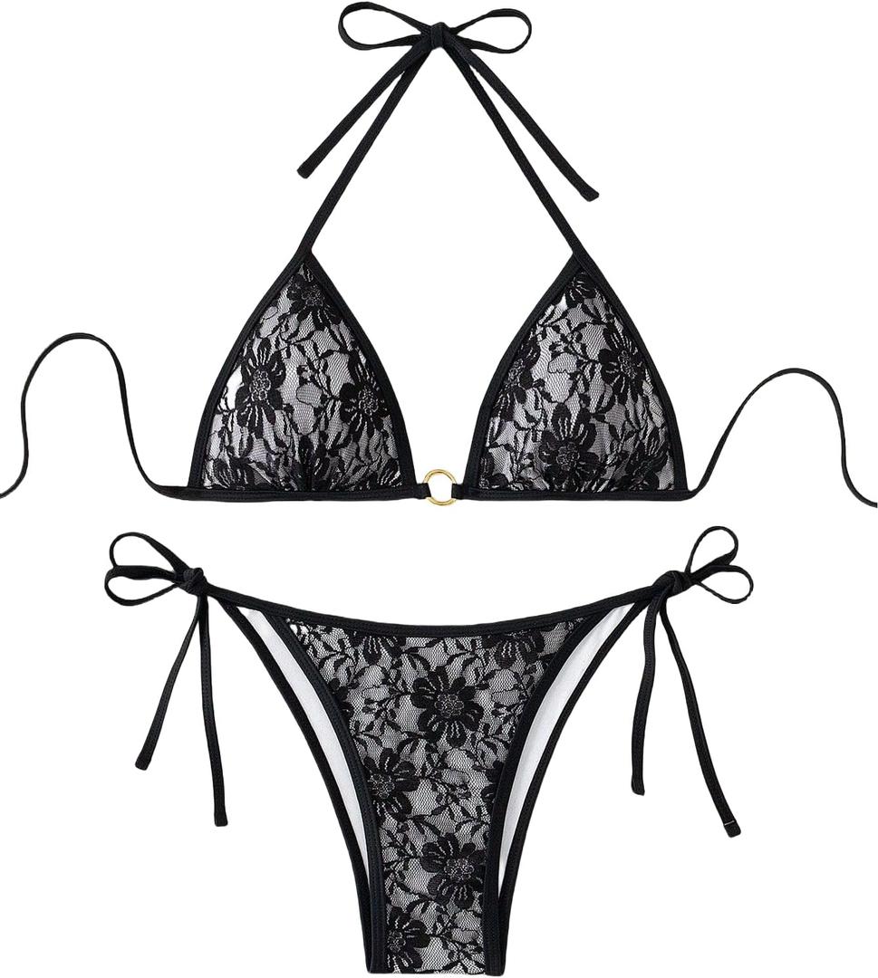 SISKIN Women's String Triangle Bikini Sets Swimsuit for Women 2 Piece Thong Bathing Suit with Side Tie Bikini Bottom (Large, Black)