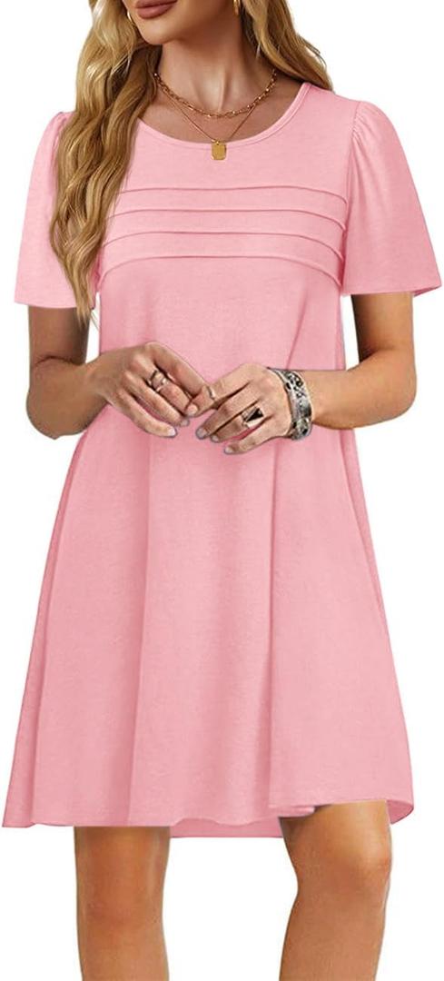 Imily Bela Womens Summer Casual T Shirt Dress Short Sleeve Crewneck Pleated Front Loose Beach Flowy Mini Dresses (Medium)