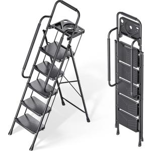 KINGRACK Folding 5 Step Ladder, Portable Ladder for Multi-Purpose, Home, Kitchen, Heavy Sturdy Steel Step Stool with Anti-Slip Wide Pedals, Handrail, Safe-Lock Design, Pass 500lbs Load Testing, Black
