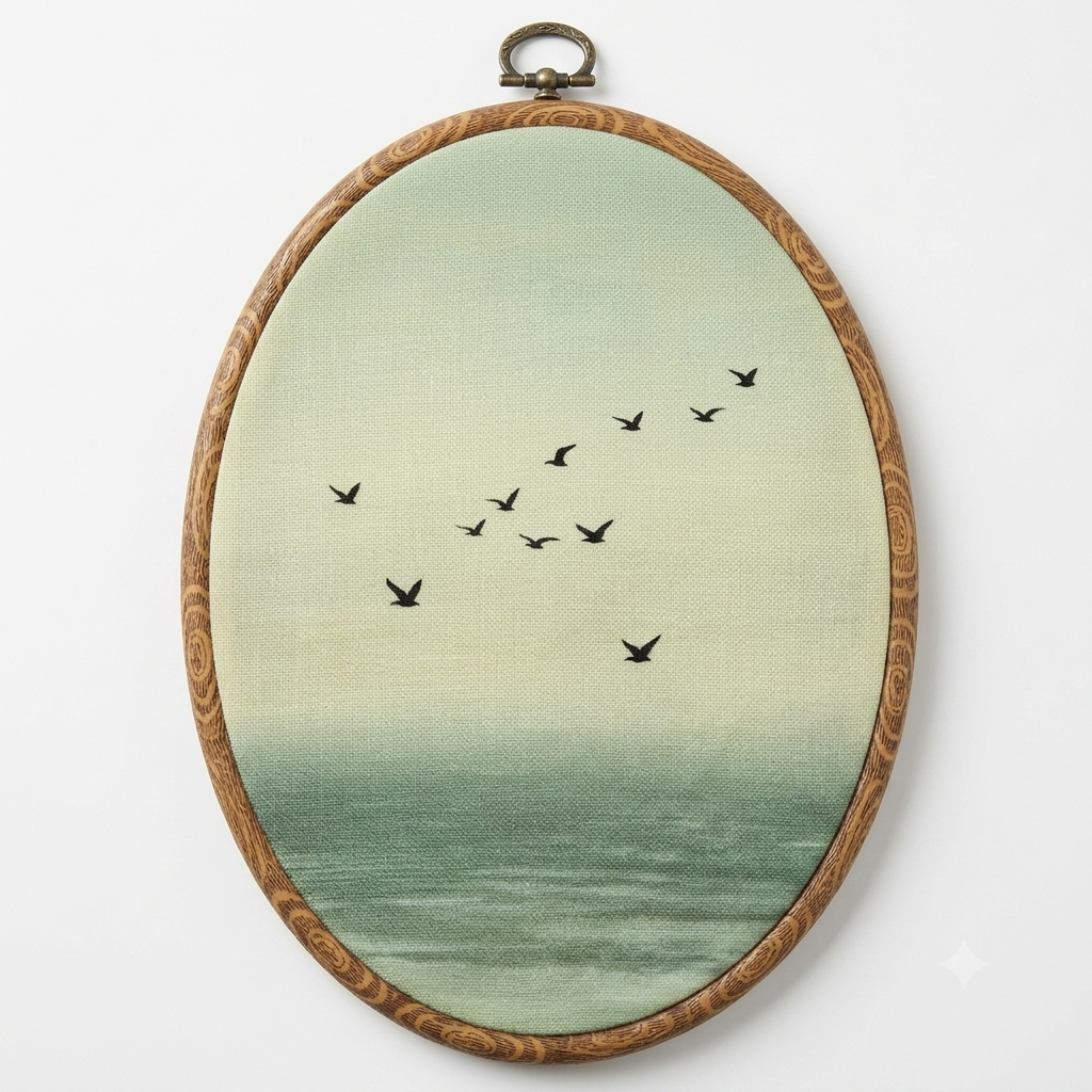 Qskjre Sage Green Japandi Bird Wall Art Decor, Boho Minimalist Japanese Birds Oval Wood Framed Canvas Wall Artwork, Neutral Oriental Hanging Prints for Living Room Bedroom Decorations, 8.6x11.4inch