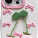 3D Bowknot Case,Cartoon Cute Kawaii Lovely Character Bowknot with Strawberry Pendant Girls Women Soft Silicone Case for iPhone 13/iPhone 14/iPhone 15 6.1 inch