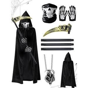 ABONDEVER Halloween Grim Reaper Costumes for Boys Adults Black Hooded Cloak Scythe Skull Mask Skeleton Gloves