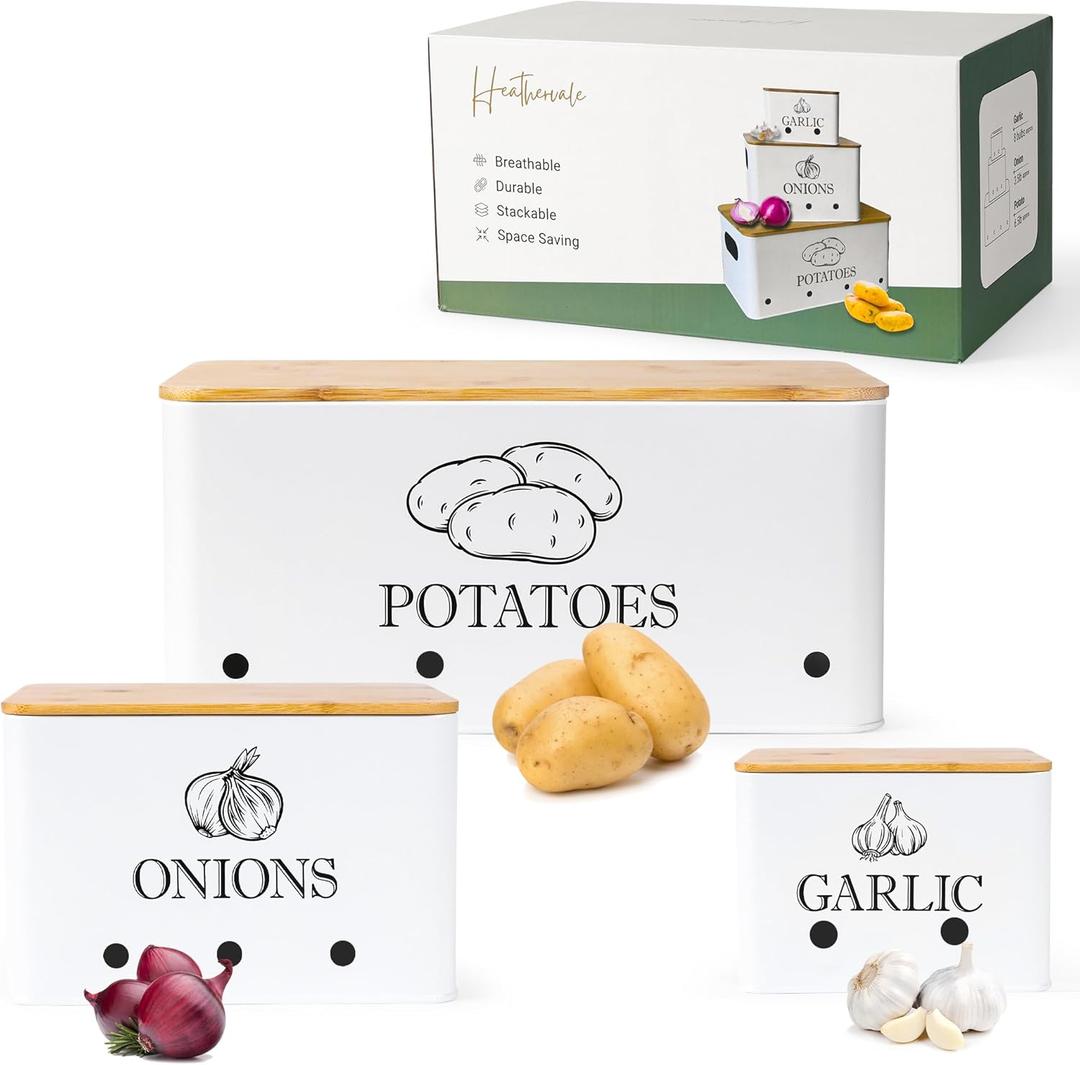 Potato Onion and Garlic Storage Bins with Wooden Lid & Breathable Holes  Rustic Farmhouse Stackable Kitchen Vegetables Canisters with Ventilation & Side Handles Space Saving  Set of 3