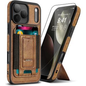 for iPhone 17 Pro Leather Case, Wallet Case with Card Holder (3 Cards) & Kickstand, Slim Protective Cover with Stand for iPhone 17 Pro 6.3"Brown