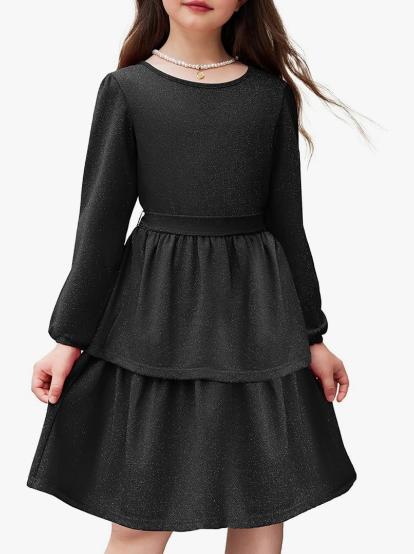 Arshiner Girls Dress Fall Sparkly Glitter Puff Sleeves Layer Party Dresses with Belt 14