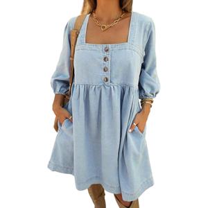 Skirt BL Denim Dress for Women Square Neck Jean Dress 3/4 Sleeve Babydoll Tiered Summer Dresses with Pockets 2025 (X-Large)
