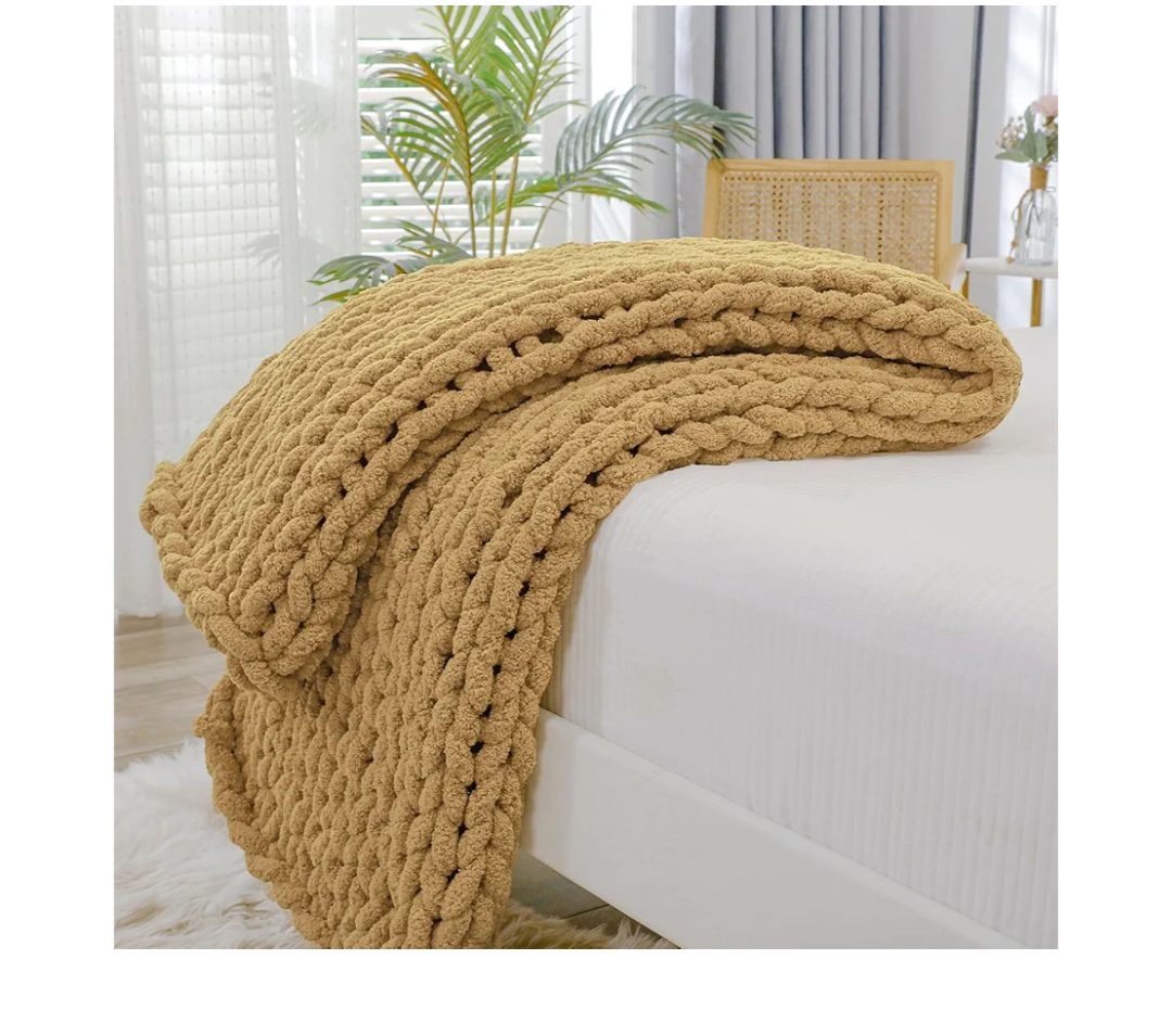 Bigacogo Chunky Knit Throw Blanket for Couch, 40x40 inches, 100% Hand Knitted with Thick Jumbo Chenille Yarn, Cozy Soft Large Rope Knot Cable Crochet Blankets for Sofa Bed Living Room, Goldenrod