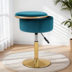 LITZFUR Adjustable Vanity Stool with Storage, 360 Swivel Gold Chair, Velvet Small Round Ottoman Footrest for Bathroom, Makeup Room, Blue