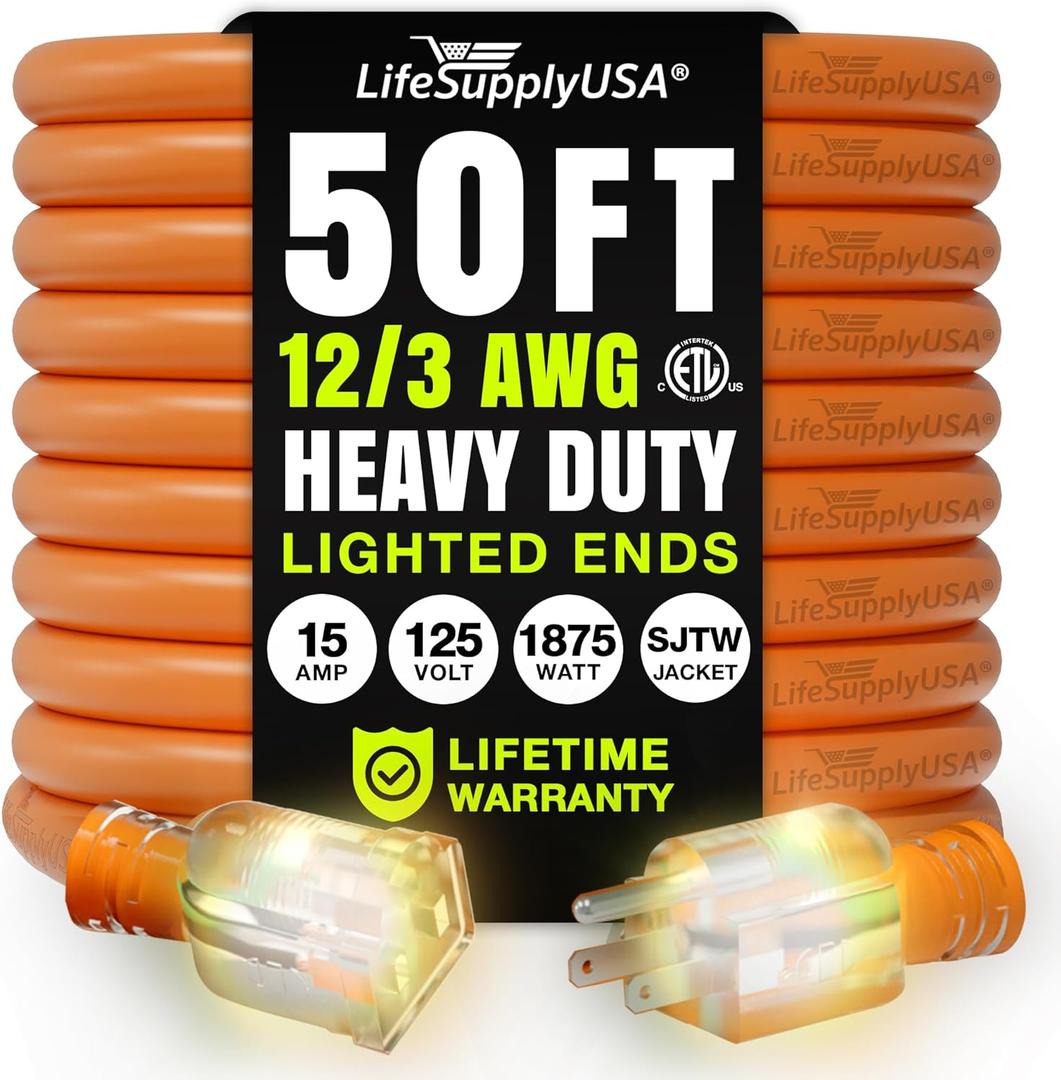 50ft Outdoor/Indoor Extension Cord 12/3 Gauge Extra Heavy Duty 3 Prong SJTW, Waterproof, ETL Listed, Flexible Cold-Resistant Long Power Cord,15A 125V 1875W, Orange by LifeSupplyUSA