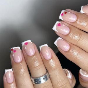 24Pcs French Tip Fake Nails Valentines Day Press on Nails Short Square Acrylic Nails Nude Pink Glossy Full Cover False Nails with Heart Design Artificial Coffin Nails Tips Stick on Nails for Women