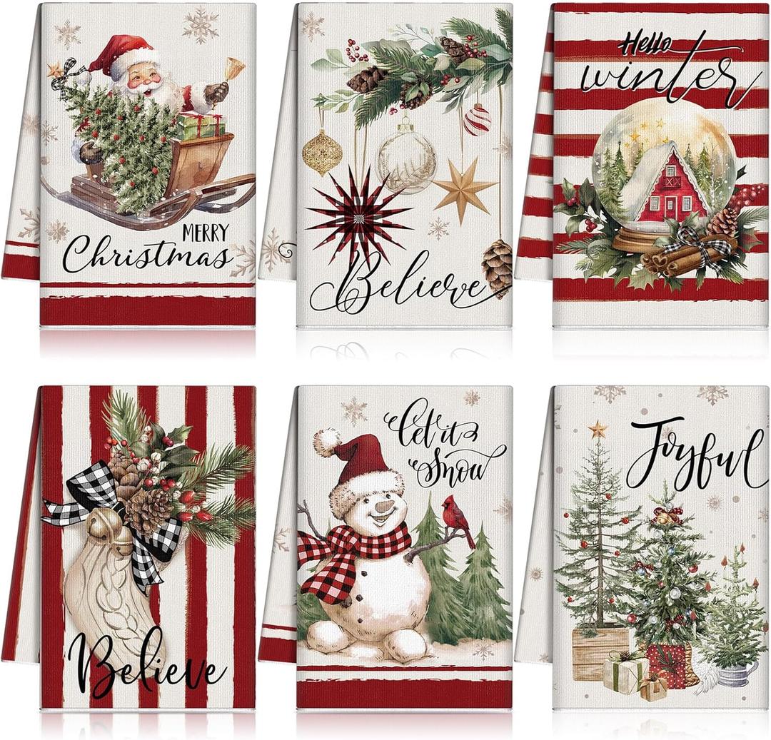6 Pcs Christmas Kitchen Towels Red White Snowman Winter Dish Towel 21 x 14 Inch Decorative Bathroom Hand Towel Absorbent Holiday Tea Towel Christmas Decor for Kitchen Farmhouse Gift