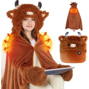 Mewaii Highland Cow Heated Wearable Blanket  USB Powered Hooded Blanket with 3 Heat Settings, Soft Cozy Warm Flannel Blanket for Indoor Outdoor, Cute Highland Cow Gift for Women & Adults