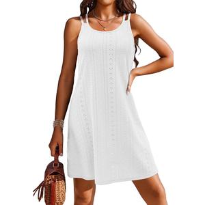 Womens Swimsuit Cover Up Spaghetti Strap Eyelet Embroidery Scoop Neck Sleeveless Casual Summer Dress Bikini Coverup
, S