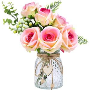 Fake Flowers with Vase, Artificial Velvet Roses Faux Plant Flower Arrangement Suitable for Home Office Living Room Bathroom Decoration, Dining Table Centerpiece (Pink)