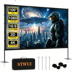 STWUI Outdoor-Projector-Screen-with-Stand - 120 inch Portable Projector Screen Indoor Outdoor Projector Screens 16:9 4K HD Lightweight Movie Screen with Carry Bag for Backyard Movie Night