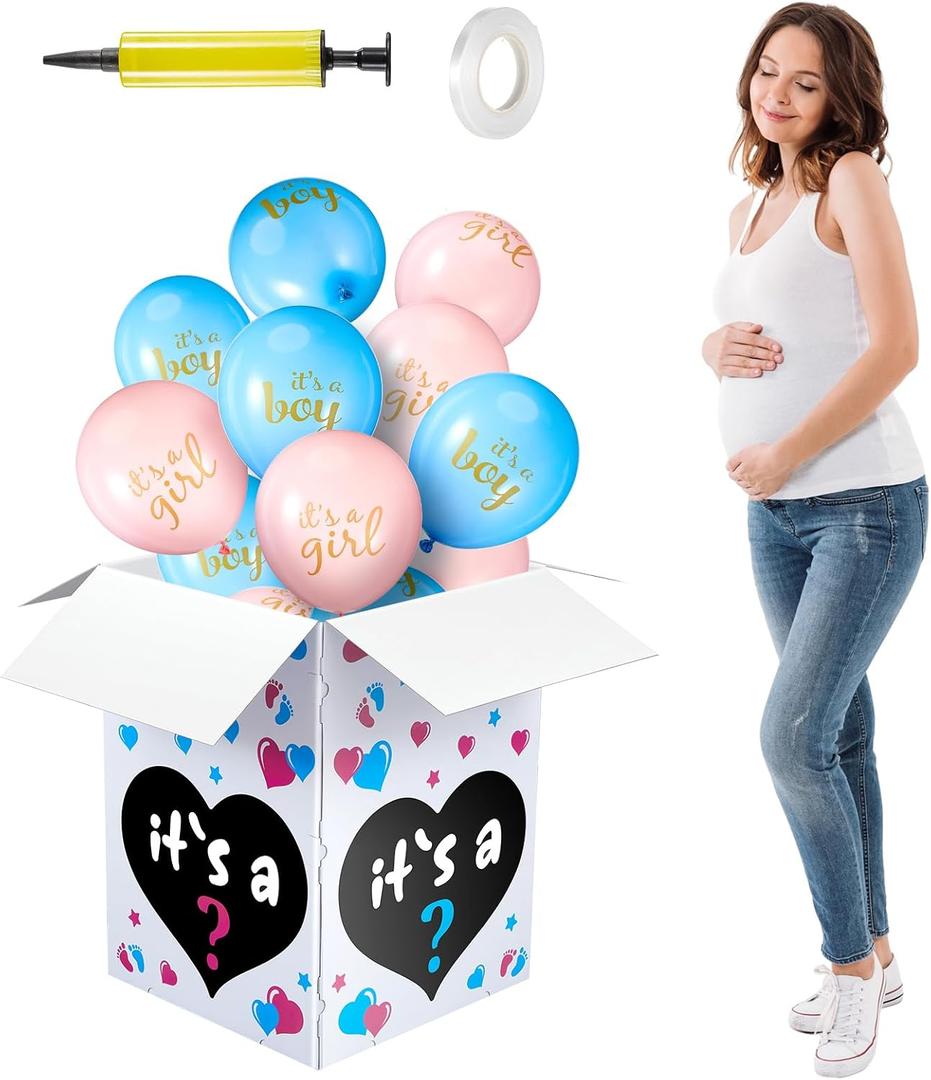 Ireer Gender Reveal Balloon Box with 16 Latex Baby Balloon Release Box Funny Ideas for Gender Reveal Party Decorations Supplies(Boy and Girl,Pink,Blue)