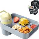 Car Seat Snack Tray for Toddlers - 3 Inch Cup Holder Fits Most Sippy Cups & Straw Bottles with Dip Well, Mess-Free Square Kids Travel Tray Road Trip Essentials, Grey