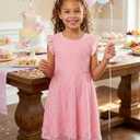 Girls Cotton Dress with Floral Mesh Flutter Sleeves Back Zipper for Kids Pink (Pink)