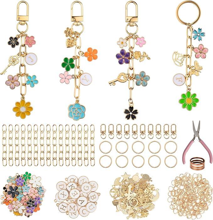 HOMAR 223Pcs DIY Keychain Making Bag Charm Jewelry Chain Making 86 Flower Charms 10 Keychain Clips with Key Ring 15 Extender Chains 100 Jump Ring for DIY Craft Supplies Accessories