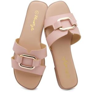 Herstyle Women’s Flat Sandals 2025 – Square Open Toe Fashion Casual Slides with Metal Chain, Memory Foam Footbed Insole, Slip-On Dressy Sandals for Summer