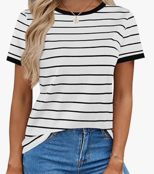 LilyCoco Women's Short Sleeve Striped Shirt Summer Crewneck T Shirt Basic Tops, Small