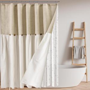 3 in 1 Farmhouse Boho Button Shower Curtain and Clear Curtain Liner Set with 12 Double Rings Linen and Cotton Woven Fabric Rustic Decor for Bathroom, 70''x70''(Brown)
