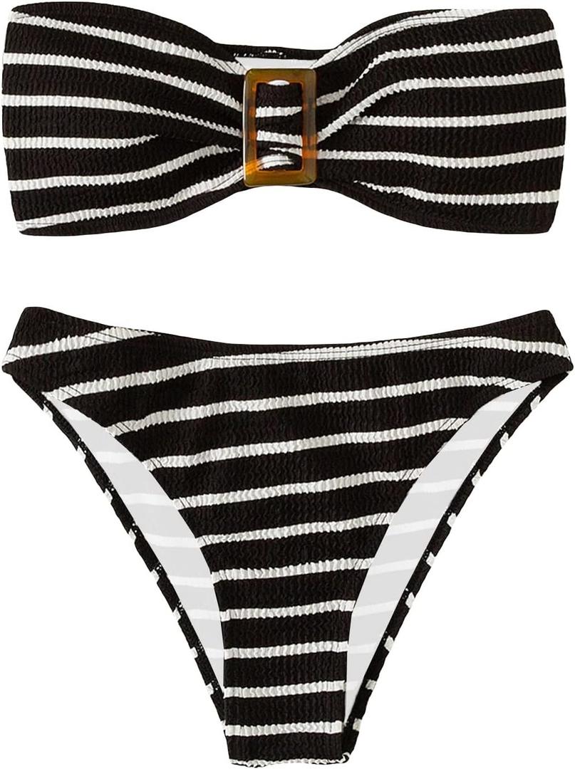 GORGLITTER Women's 2 Piece Striped Swimsuit Strapless Bandeau High Waisted Thong Bikini Set Bathing Suit Black Striped Small