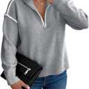 Saodimallsu Womens Quarter Zip Pullover Sweaters Casual Collared V Neck Color Block Long Sleeve Loose Knit Fall Sweater (Large, Gray)
