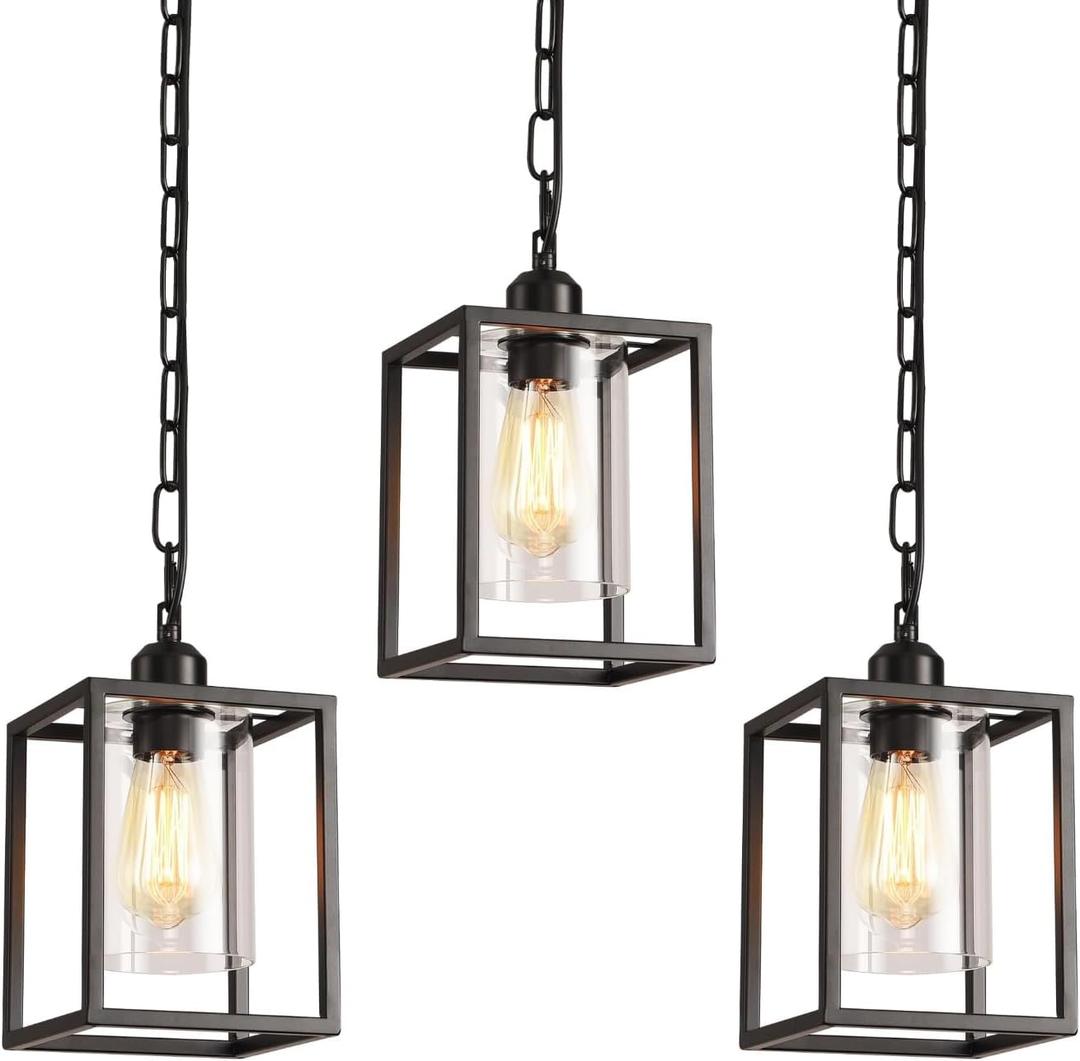 3 Pack Farmhouse Pendant Light,Black Metal Frame Hanging Light Fixture with Clear Glass Shade, Adjustable Chains Industrial Mini Pendant Lighting for Kitchen Island Entryway Porch Foyer