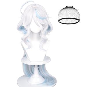 Furina Cosplay Wig for Women White Mixed Blue Wig Focalors Fontaine Blue Highlights Wigs Hair + Elf Ear + Wig Cap for Halloween Comic Con Costume Party