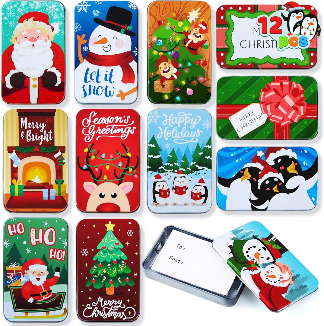JOYIN 12PCS Gift Card Holder Boxes Christmas, 4.33 x 2.6 x 0.6 Tins Money Cash Holders Unique for Xmas Holiday Birthday Present Decor, Party Favors, Silver Coin Boxes with Lids in 12 Designs