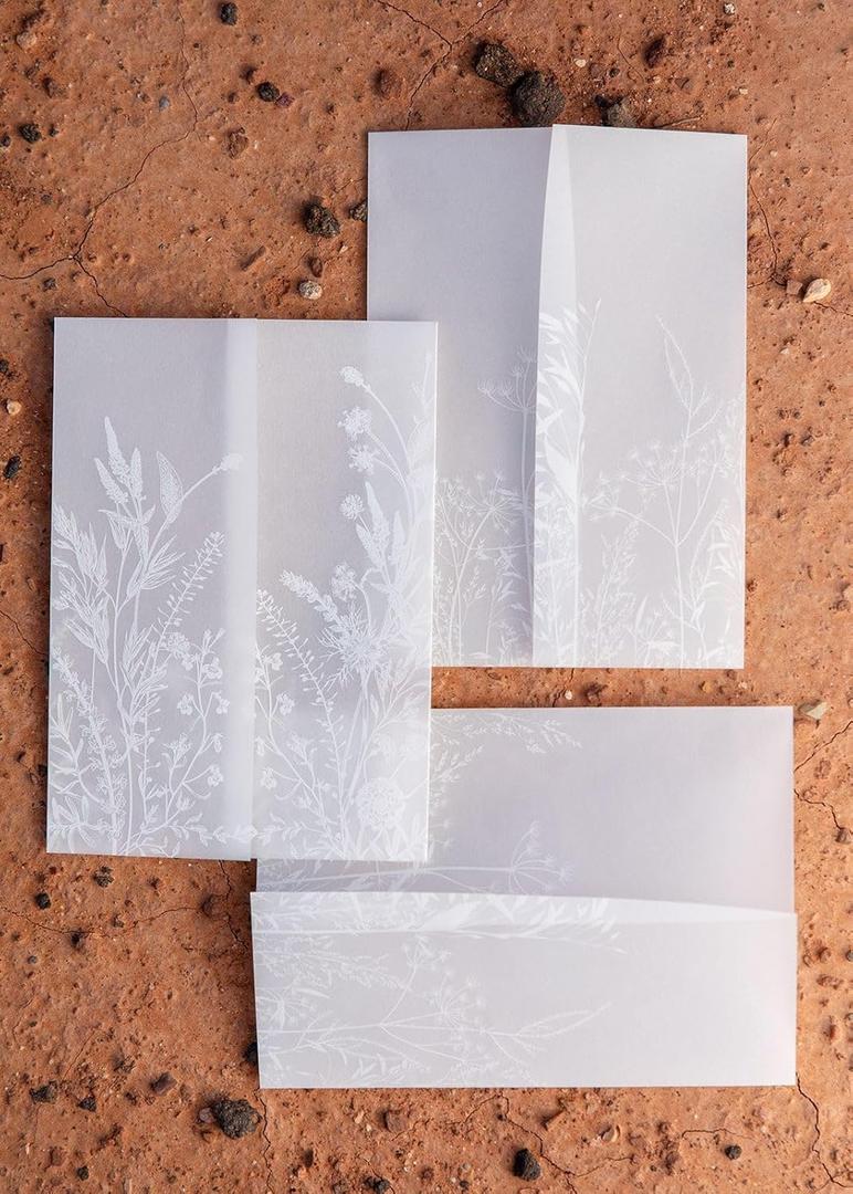 Vellum Jackets for 5x7 Invitations - 100-Pack Pre-Folded Sheets - Translucent Paper With Wildflower Pattern - Envelopes With Gold Stickers for Wedding Cards, Scrapbook