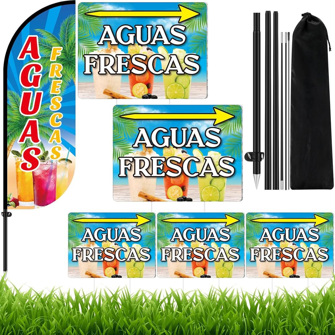 HunnmingRe 6 Pcs Aguas Frescas Sign Set Includes 7ft Aguas Frescas Feather Flag with Pole Kit and 5 Pcs Double Sided Yards Signs with Stake Advertising Feather Banners Sign for Summer Outdoor Business