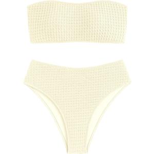 ZAFUL Women's High Cut Bandeau Bikini Set Strapless Solid Color 2 Pieces Bathing Suit Swimsuit (Medium, 7-beige)