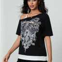Women's 2 in 1 Cold Shoulder Graphic Tees Short Sleeve Goth Y2K T Shirt Fake Two Piece Tops (Black, S)