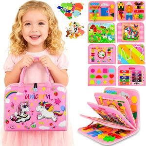 Toddler Busy Board Montessori Toys for Toddler 1-3 Year Old, Girl Birthday Gift, Preschool Educational Montessori Busy Book Board, Felt Sensory Activity Board Sorting Toy Age 2-4 with Fine Motor Skill (Pink)