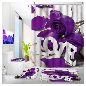 Poedist 4 Pcs Bathroom Shower Curtain Set, Purple Rose Shower Curtain Valentine's Day Shower Curtain Sets with Rugs(Bath Mat,U Shape and Toilet Lid Cover Mat) and 12 Hooks