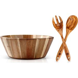 Wooden Salad Bowl, 12" Round With 12" Olive Wood Salad Tongs  Perfect For Serving  Handmade, Durable & Stylish Natural Wood Dining Accessory by Woodenhouse