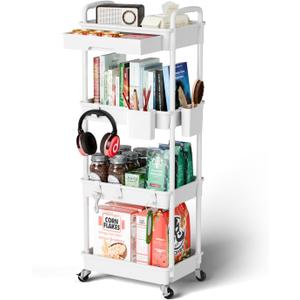 Sorgion 4 Tier Rolling Cart Organizer,Art Craft Diaper Bedside Snack Laundry Room Bathroom Organizer Narrow Thin Slim Rolling Trolley Utility Cart with Wheels for Kitchen,Office(White)