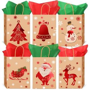FEBSNOW Christmas Bags with Handles, 18PCS Christmas Treat Bags with 20Pcs Tissue Paper Xmas Kraft Paper Goodie Bags for Holiday Party Favors Gift Exchange Supplies