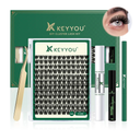 DIY Lash Extension Kit KEYYOU 144pcs Lash Clusters Eyelash Extension Kit with Mascara Brush Bond and Seal Lash Glue Remover Lash Applicators Lash Brush Clean Pad for DIY Lash Extensions (Y02 Kit)