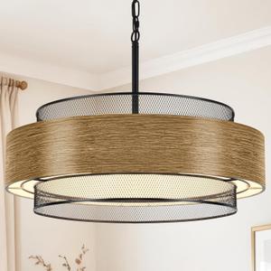 23.6 inch Farmhouse Chandeliers for Dining Room, 6-Light Rustic Large Black Drum Chandelier Metal Imitation Wood Round Hanging Lighting for Entryway Kitchen Island Foyer Bedroom Living Room, 23.8 inch