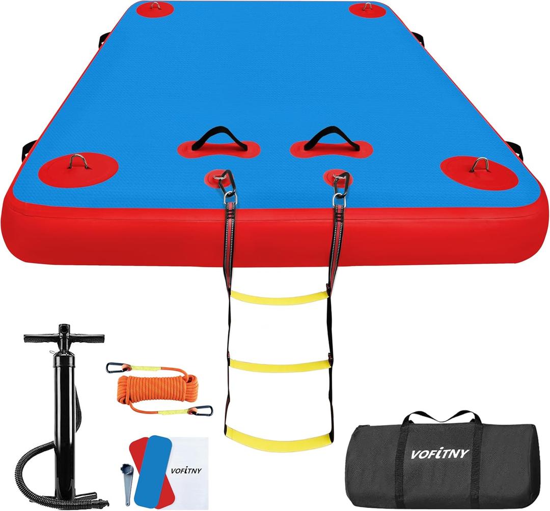 VOFiTNY Inflatable Floating Dock, Swim Platform Floating Dock for Lakes, Lake Floats for Adults, Island Raft Mat for Lake Beach Ocean, Non-Slip Surface (5ft x 6ft x 6", Poppy Red+Blue)