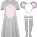 Sureio 3 Pcs Halloween Mouse Costume Accessory Set Rat Ears Headband T Shirt Skirt Striped High Socks for Women Cosplay Party (Small)