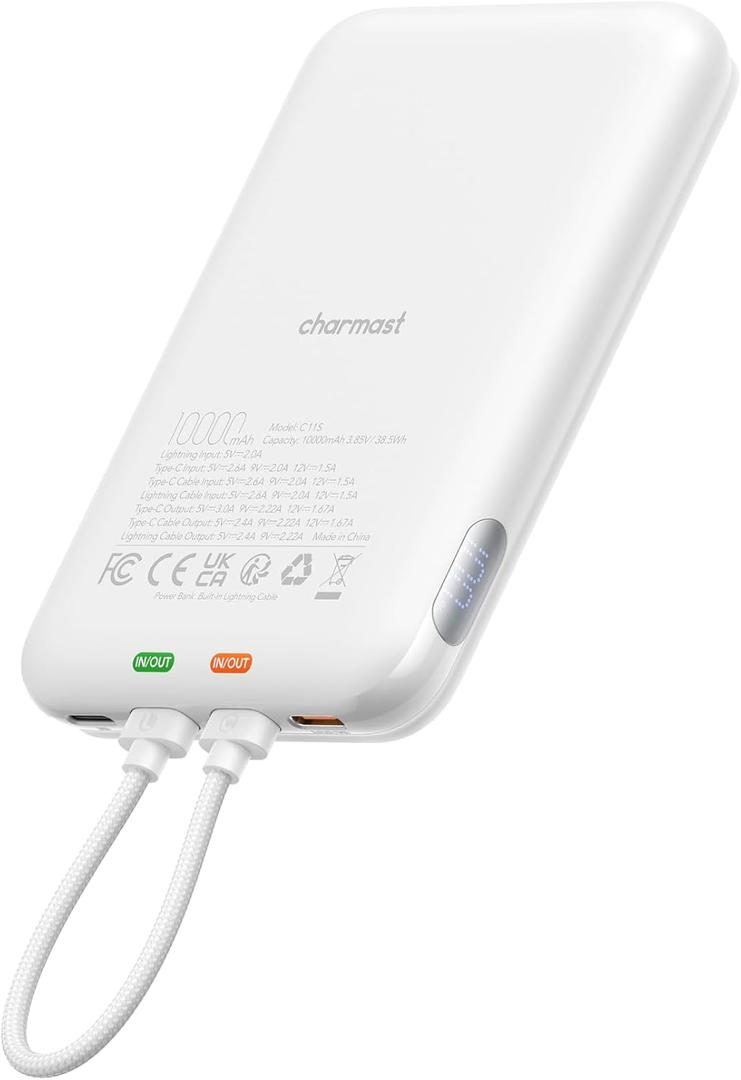charmast 10000mAh Wired Portable Charger, 20W Fast Charging Slim Power Bank with Removable Cable for iPhone & Android, Hand-Free Battery Pack with Digital Display for Short Travel (No-Wireless) (White)