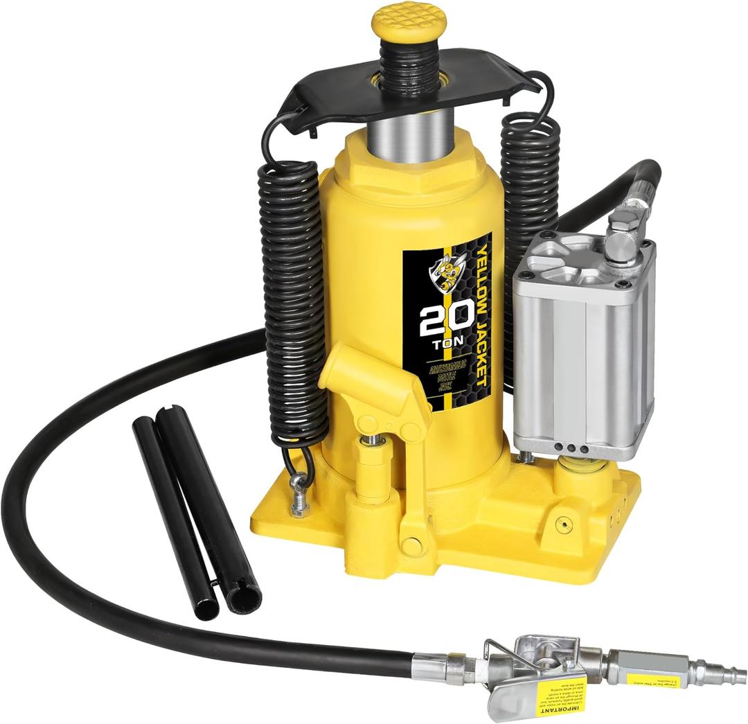 YELLOW JACKET Pneumatic Air Bottle Jack 20 Ton with Manual Hand Pump and Air Pump for Heavy Duty Auto Trucks
