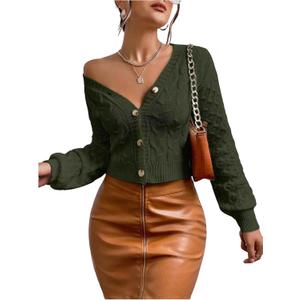 Verdusa Women's Cable Chunky Cardigan Sweaters Button Up Short Fall Outerwear Clothes (Green, M)