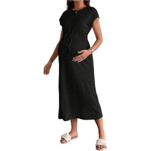 OYOANGLE Women's Maternity Summer Casal Short Sleeve Midi Dress Drawstring Waist Textured Pregnancy T Shirt Dress (Black, M)