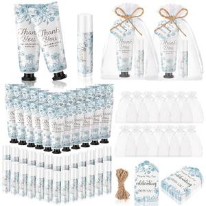 48 Sets 192 Pcs Blue Flower Baby Bridal Shower Hand Cream and Lip Balm Baby Shower Gifts for Guests Bridal Wedding Party Favor Bulk with Thank You Card Organza Bags Travel Size for Wedding